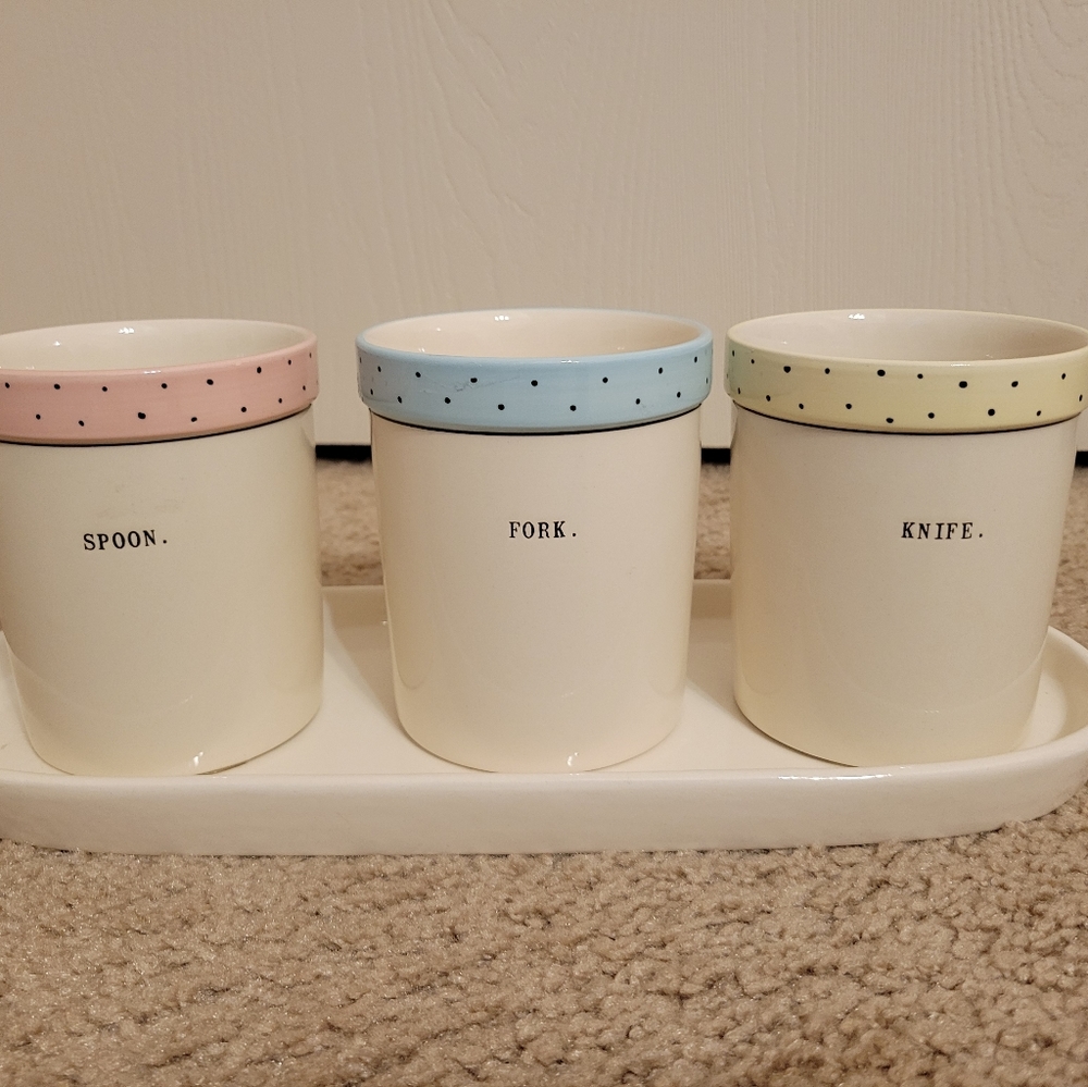Rae Dunn Ceramic Cutlery Container Set - Picture 3 of 9